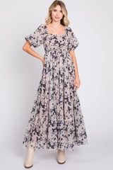 Navy Blue Floral Square Neck Short Puff Sleeve Maternity Maxi Dress