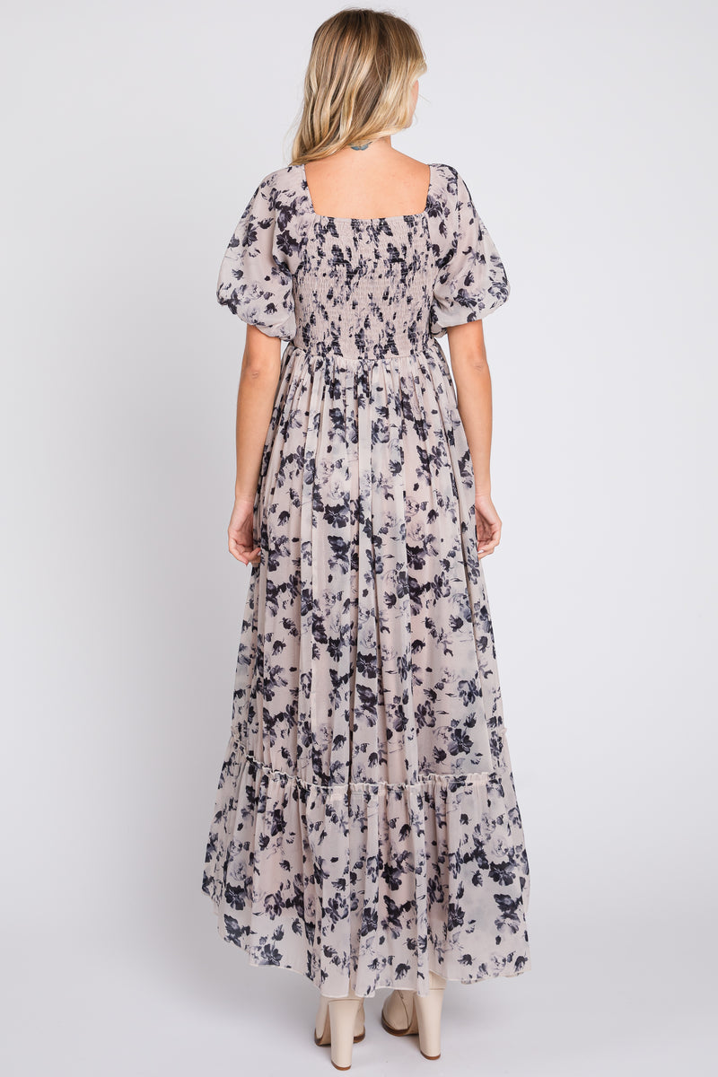 Navy Blue Floral Square Neck Short Puff Sleeve Maxi Dress – PinkBlush