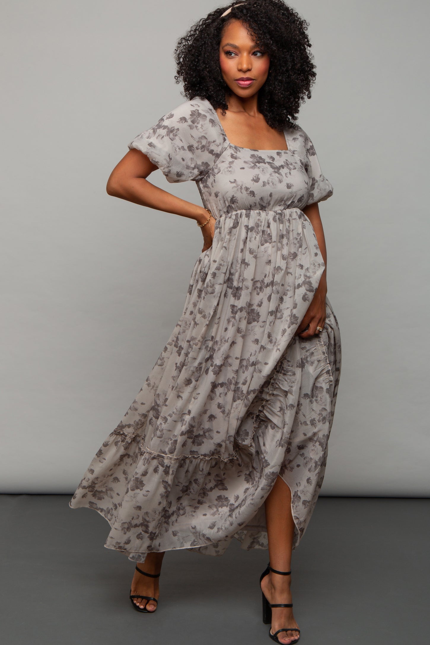 Grey Floral Square Neck Short Puff Sleeve Maternity Maxi Dress – PinkBlush