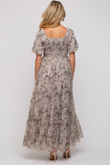 Grey Floral Square Neck Short Puff Sleeve Maternity Maxi Dress