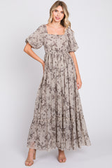 Grey Floral Square Neck Short Puff Sleeve Maxi Dress