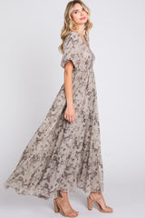 Grey Floral Square Neck Short Puff Sleeve Maxi Dress