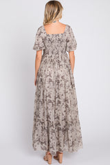 Grey Floral Square Neck Short Puff Sleeve Maxi Dress