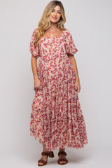 Pink Floral Puff Sleeve Maternity Maxi Dress