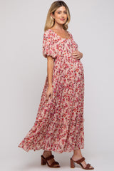 Pink Floral Puff Sleeve Maternity Maxi Dress