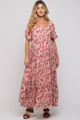 Pink Floral Puff Sleeve Maternity Maxi Dress