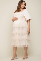 Cream Swiss Dot Smocked Tiered Maternity Plus Midi Dress