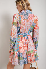 Multi Color Flower Print Long Sleeve Shirt Dress