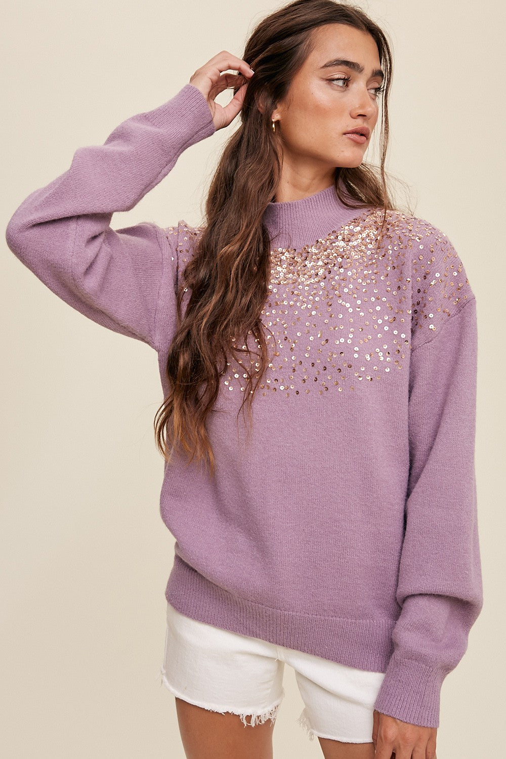 Purple Sequin Knit Mock Neck Maternity Sweater– PinkBlush
