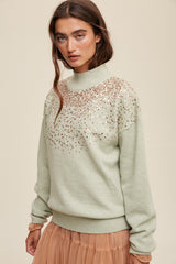 Mint Sequin Knit Mock Neck Sweater