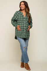 Green Plaid Button Down Long Sleeve Maternity Top