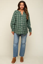 Green Plaid Button Down Long Sleeve Maternity Top