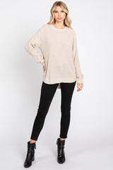 Beige Waffle Knit Round Hem Sweater