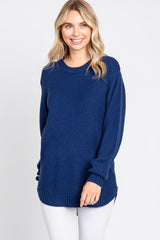 Navy Blue Waffle Knit Round Hem Sweater