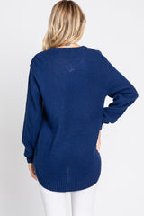 Navy Blue Waffle Knit Round Hem Sweater