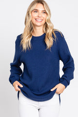 Navy Blue Waffle Knit Round Hem Sweater