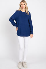 Navy Blue Waffle Knit Round Hem Sweater