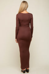 Brown Ribbed Long Sleeve Square Neck Maternity Maxi Dress