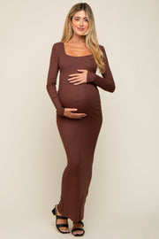Brown Ribbed Long Sleeve Square Neck Maternity Maxi Dress