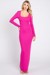 Fuchsia Ribbed Long Sleeve Square Neck Maternity Maxi Dress