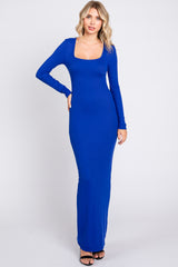 Royal Ribbed Long Sleeve Square Neck Maternity Maxi Dress