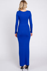 Royal Ribbed Long Sleeve Square Neck Maxi Dress