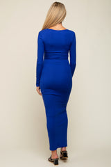 Royal Ribbed Long Sleeve Square Neck Maternity Maxi Dress