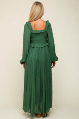 Hunter Green Long Sleeve Ruffle Accent Maternity Maxi Dress