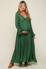 Hunter Green Long Sleeve Ruffle Accent Maternity Maxi Dress