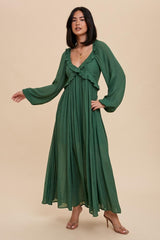 Hunter Green Long Sleeve Ruffle Accent Maxi Dress