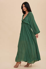 Hunter Green Long Sleeve Ruffle Accent Maxi Dress