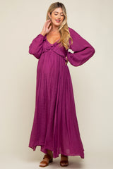 Plum Long Sleeve Ruffle Accent Maternity Maxi Dress