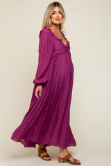 Plum Long Sleeve Ruffle Accent Maternity Maxi Dress