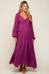 Plum Long Sleeve Ruffle Accent Maternity Maxi Dress