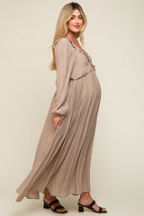 Taupe Long Sleeve Ruffle Accent Maternity Maxi Dress