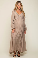 Taupe Long Sleeve Ruffle Accent Maternity Maxi Dress