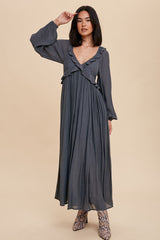 Charcoal Long Sleeve Ruffle Accent Maxi Dress