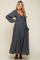 Charcoal Long Sleeve Ruffle Accent Maternity Maxi Dress