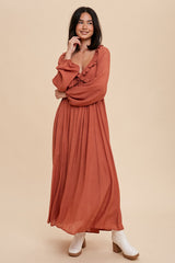 Rust Long Sleeve Ruffle Accent Maternity Maxi Dress