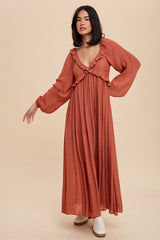 Rust Long Sleeve Ruffle Accent Maxi Dress