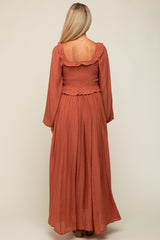 Rust Long Sleeve Ruffle Accent Maternity Maxi Dress