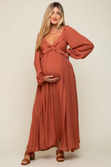 Rust Long Sleeve Ruffle Accent Maternity Maxi Dress