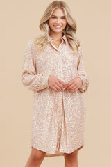 Beige Sequin Long Sleeve Maternity Shirt Dress