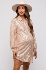 Beige Sequin Long Sleeve Maternity Shirt Dress