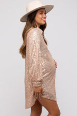 Beige Sequin Long Sleeve Maternity Shirt Dress