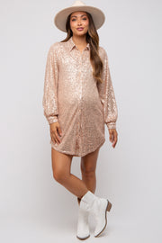 Beige Sequin Long Sleeve Maternity Shirt Dress