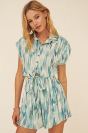 Blue Abstract Collared Button Front Self Tie Romper