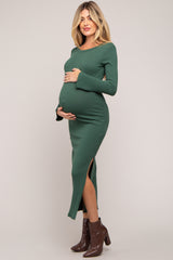 Forest Green Ribbed Side Slit Maternity Maxi Dress