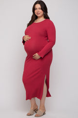 Red Ribbed Side Slit Maternity Plus Maxi Dress