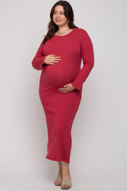 Red Ribbed Side Slit Maternity Plus Maxi Dress